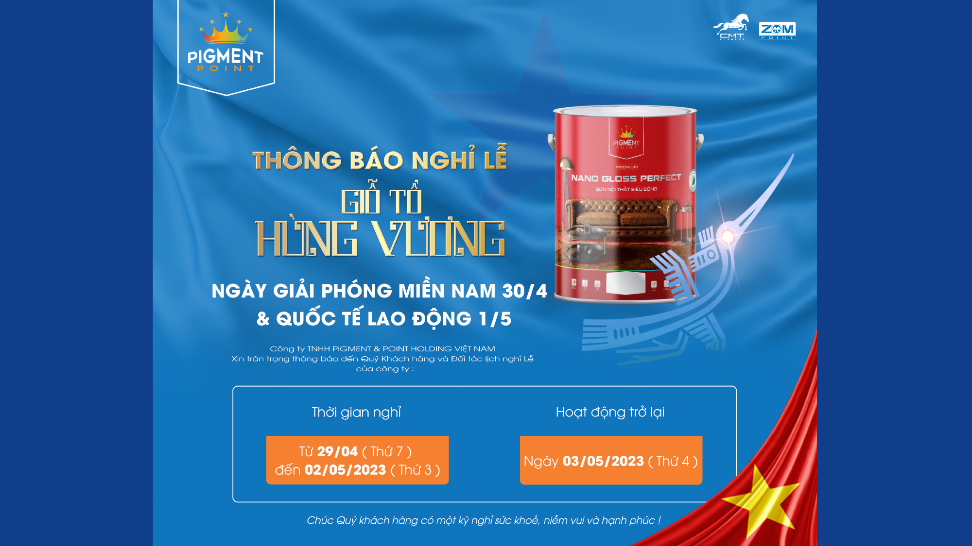 THÔNG BÁO LỊCH NGHỈ LỄ GIỖ TỔ HÙNG VƯƠNG VÀ 30/04 - 01/05/2023